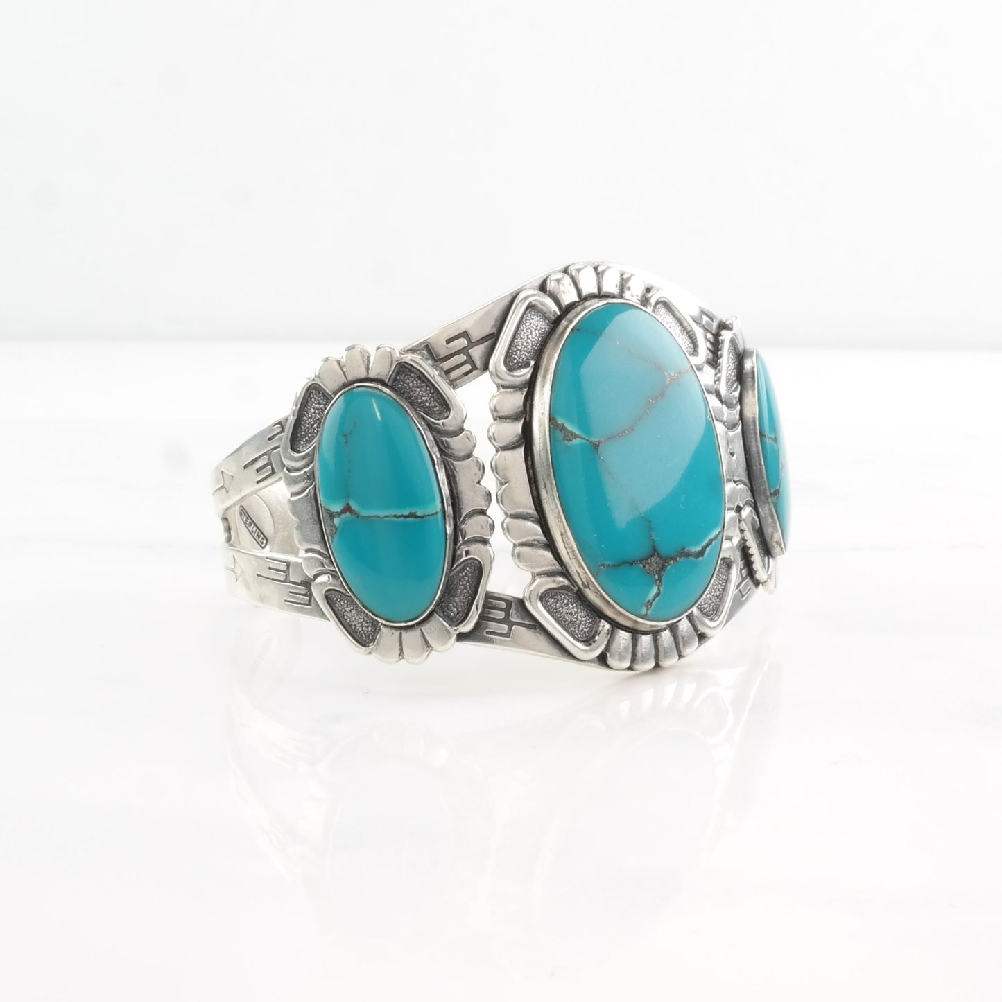 Fred Harvey Era Block Turquoise Cuff Bracelet Sterling Silver Blue Stamped