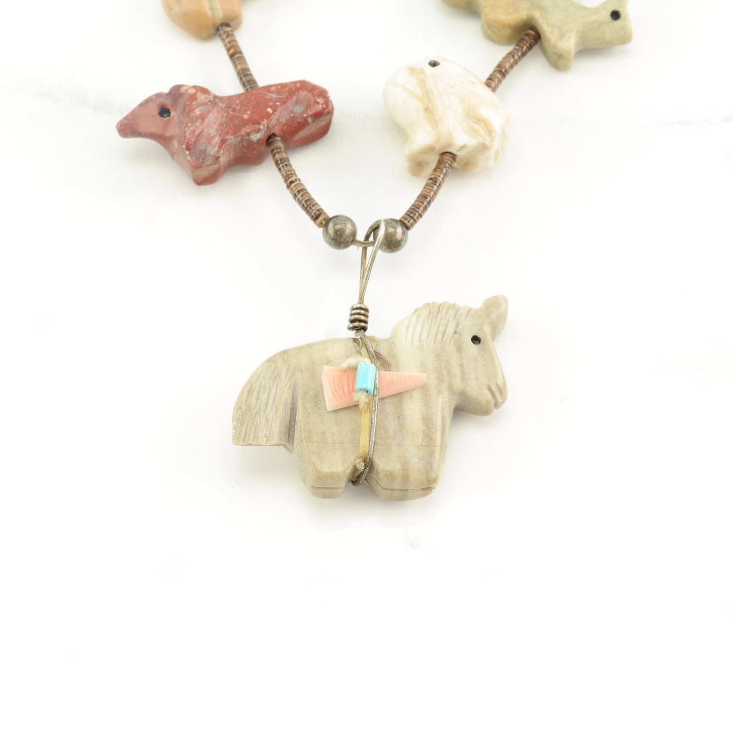 Vintage Native American Sterling Silver Onyx, Turquoise Horse, Carved Animals Necklace