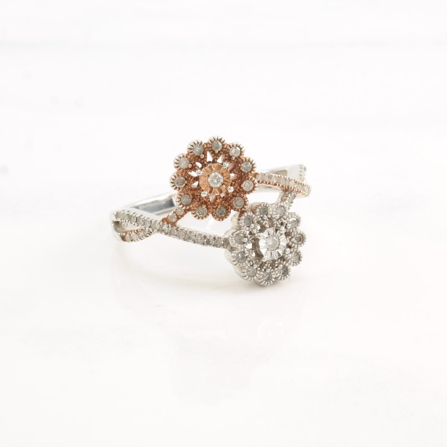Vintage Sterling Silver Ring Diamond Flowers Rose Gold Plate Size 9