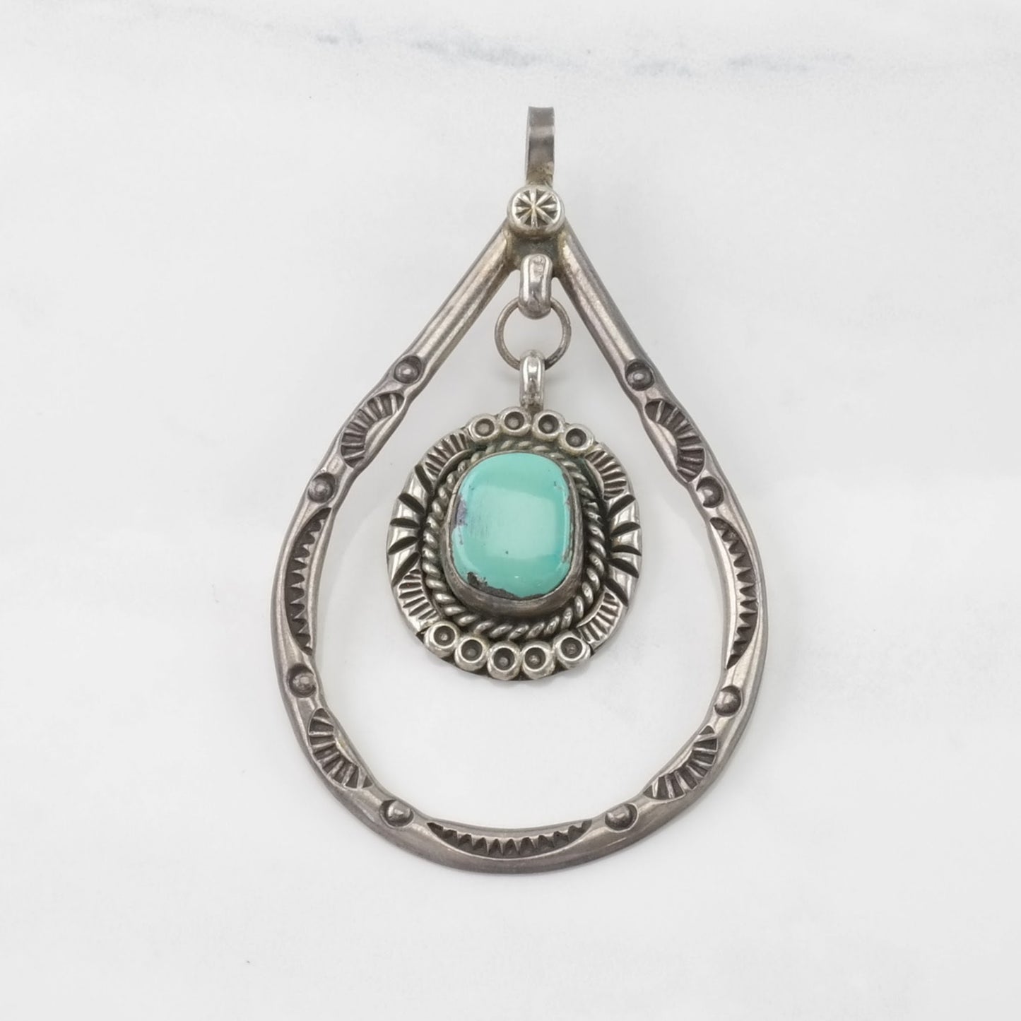 Vintage Native American Turquoise Hanging Stone Sterling Silver Pendant