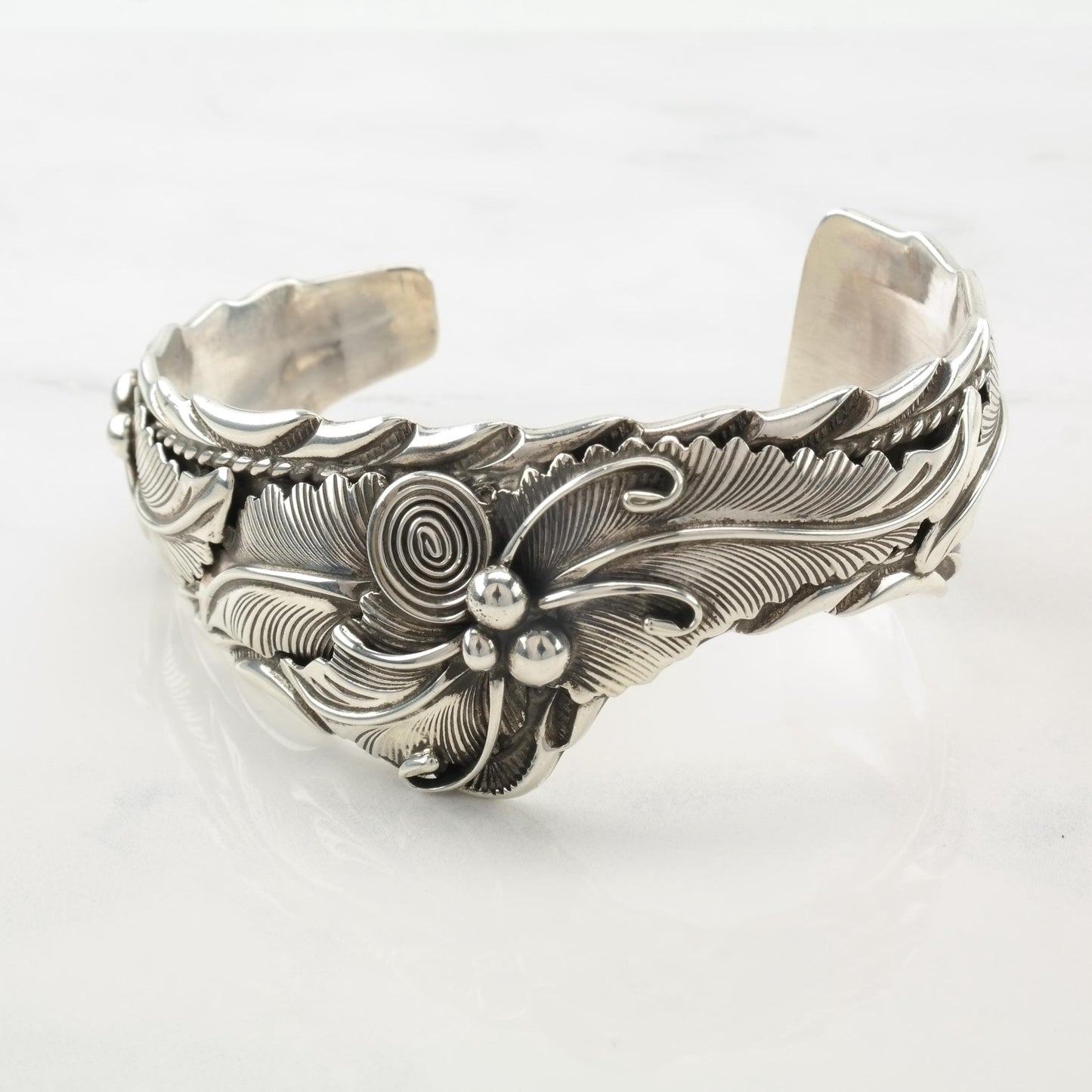 Signed Floral Cuff Bracelet Sterling Silver