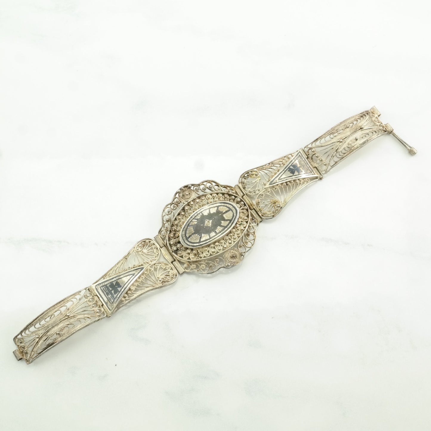 Egyptian Sterling Silver Link Bracelet Black Filigree Niello BR2446