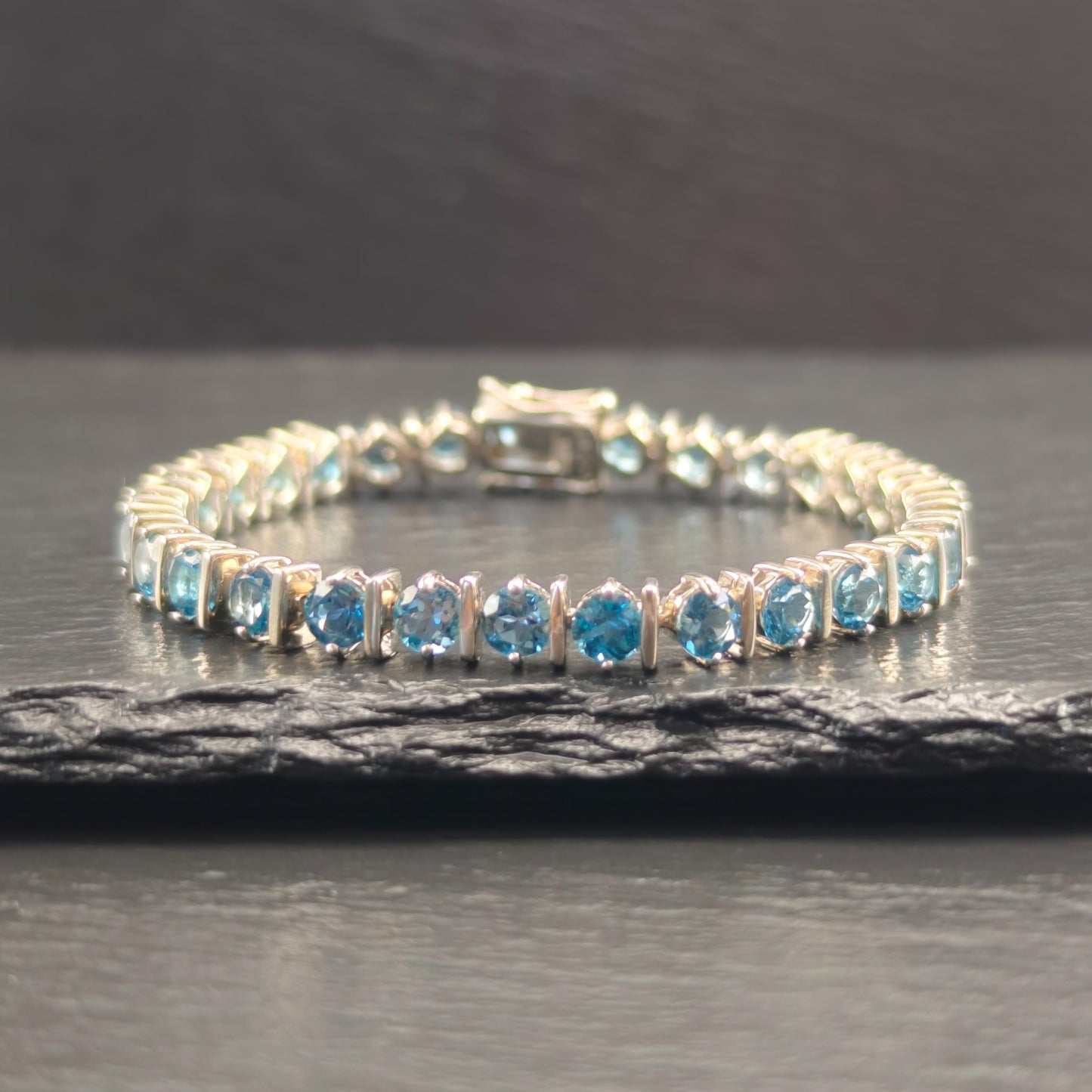 Vintage 5mm London Blue Topaz 13ctw Line Bracelet Sterling Silver