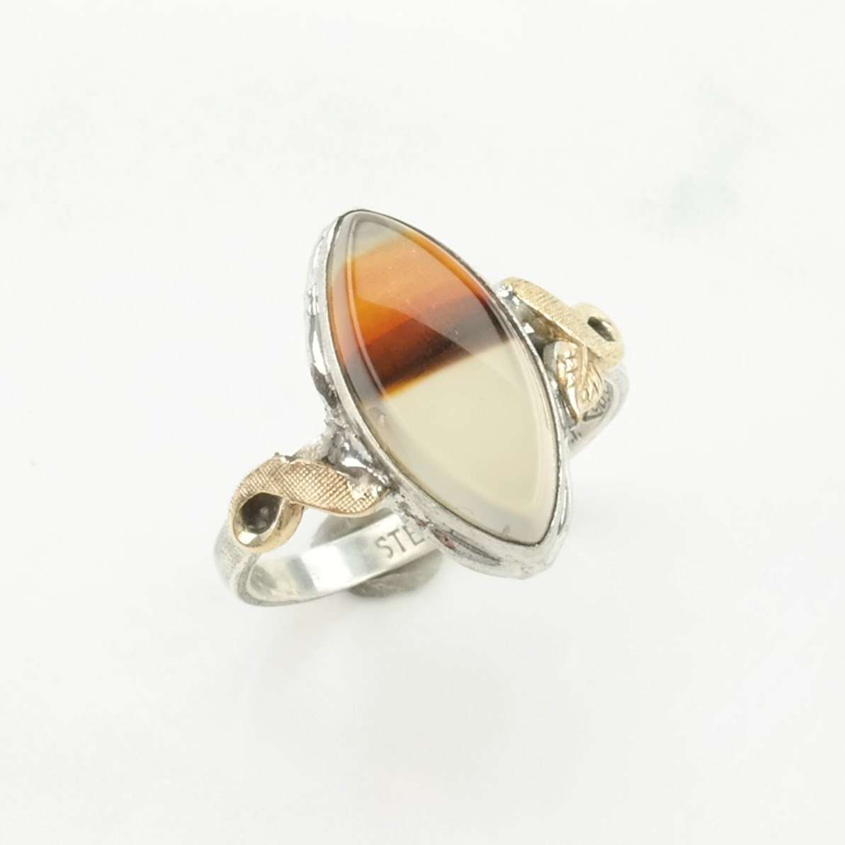 Vintage Art Deco Silver Ring Dendritic Agate Navette Sterling Size 6