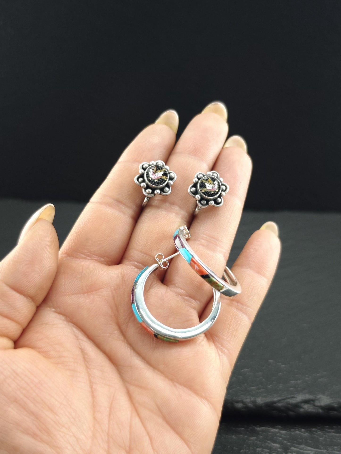 Southwest Turquoise, Coral Inlay Stud/Hoop Earrings Sterling Silver