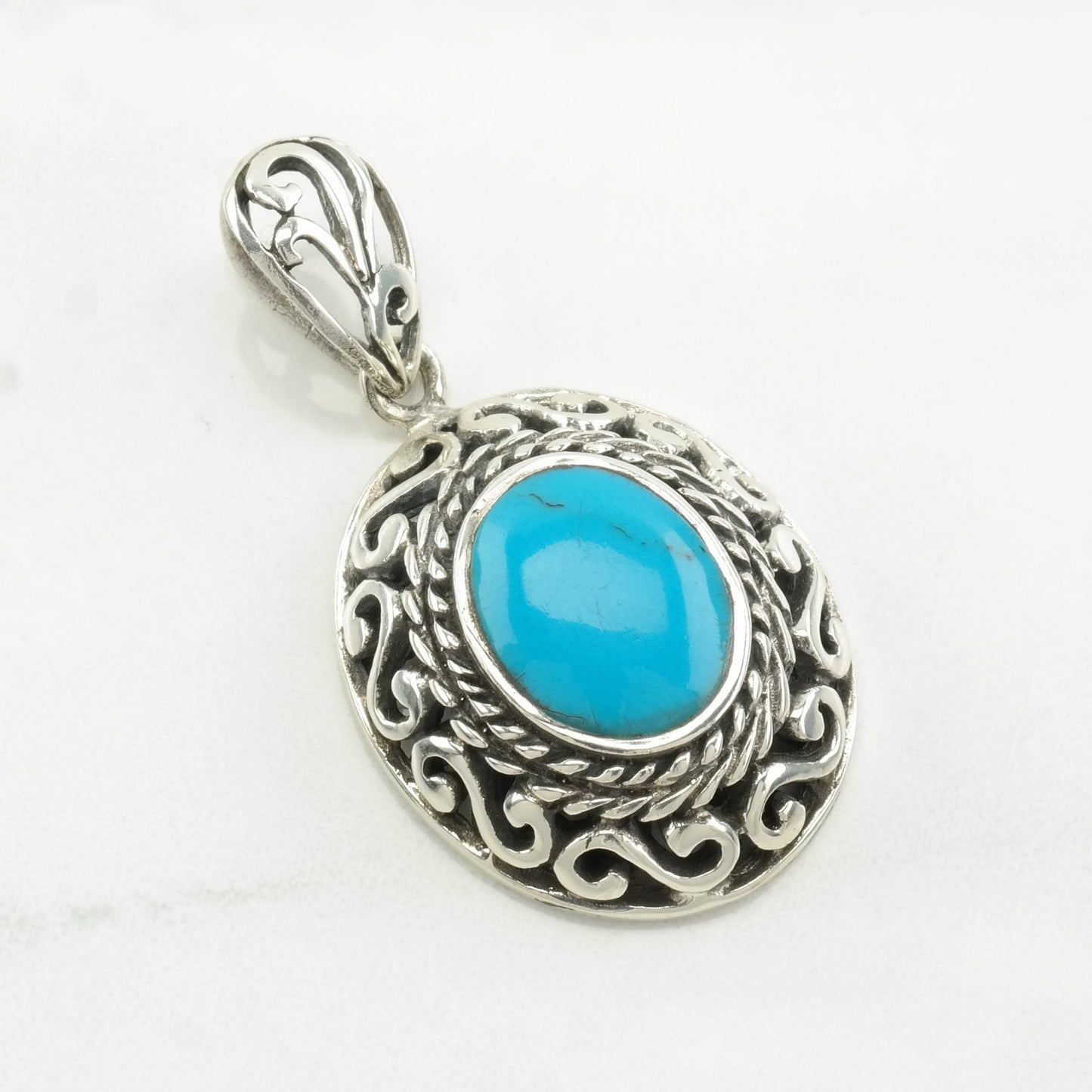 Vintage Southwest Block Turquoise Filigree Sterling Silver Pendant