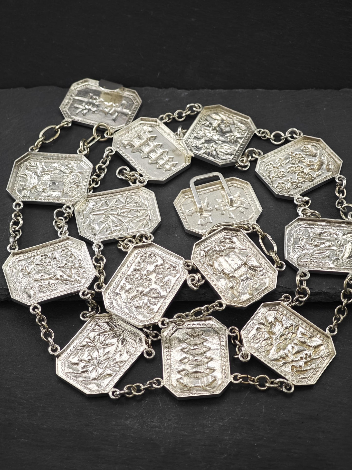 Antique Chinese Export Repousse Sterling Silver Belt Marked Hung Chong