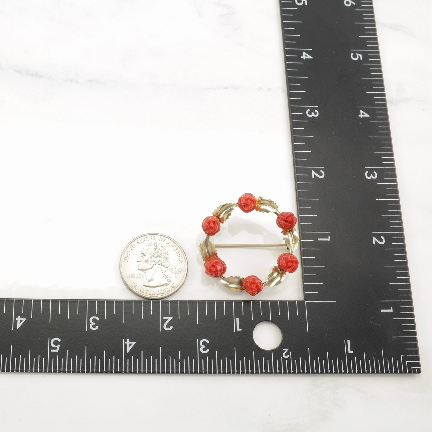 Gold Tone Carved Coral Flower Brooch Sterling Silver B1650