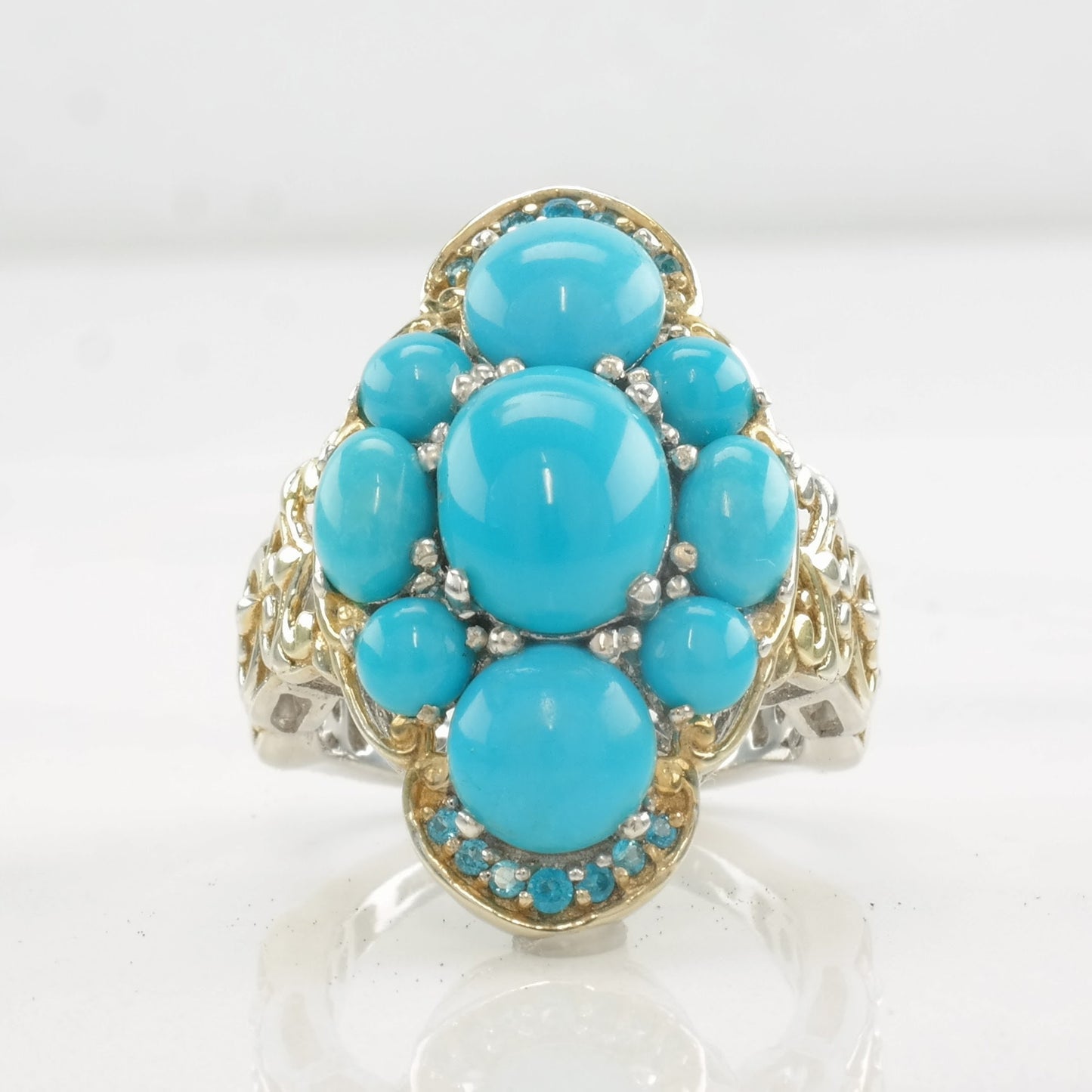 Vintage STS Ring Turquoise Apatite Two Tone Sterling Silver Size 7