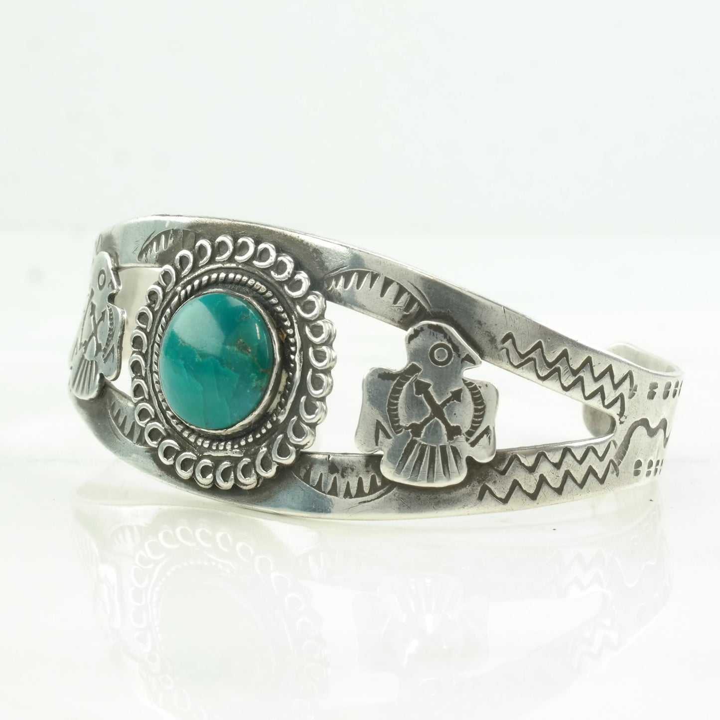 Fred Harvey Era Sterling Silver Cuff Bracelet | Turquoise Bird | Native American Jewelry