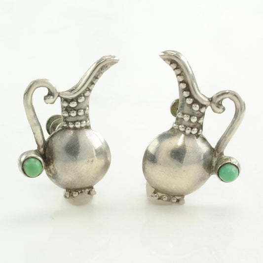 Pre Eagle Taxco Sterling Silver Turquoise Jug Earrings Screw back