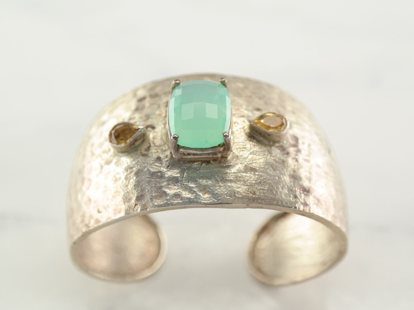 Vintage Hammered Sterling Silver Cuff with Citrine and Chalcedony