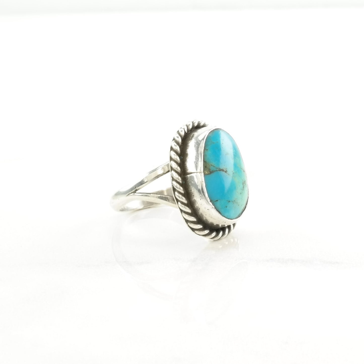 Vintage Southwest Silver Ring Turquoise Rope Detail Sterling Blue Size 6