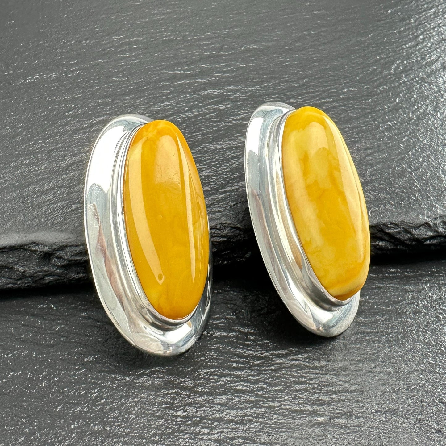 Large Oval Sterling Silver Butterscotch Amber StudClip-On Earrings MODERNIST Design
