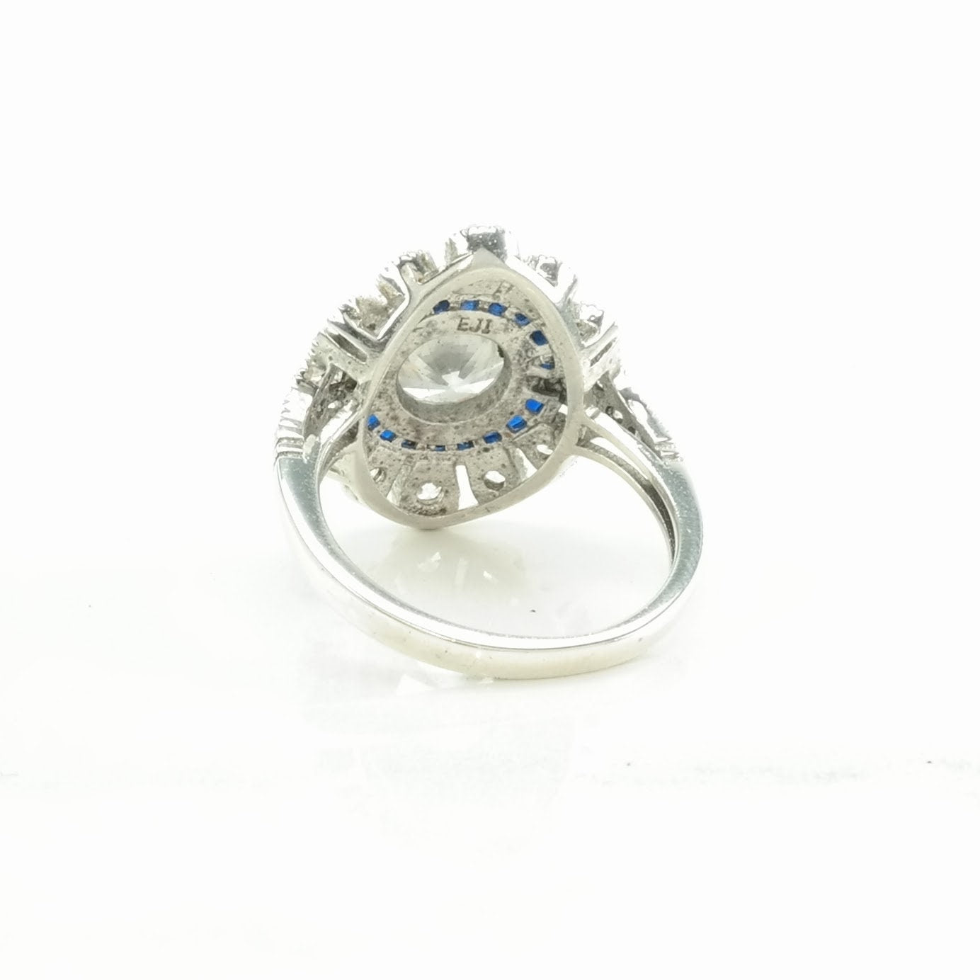 Vintage Art Deco Style Silver Ring CZ Created Sapphires Sterling Blue Size 6 1/4