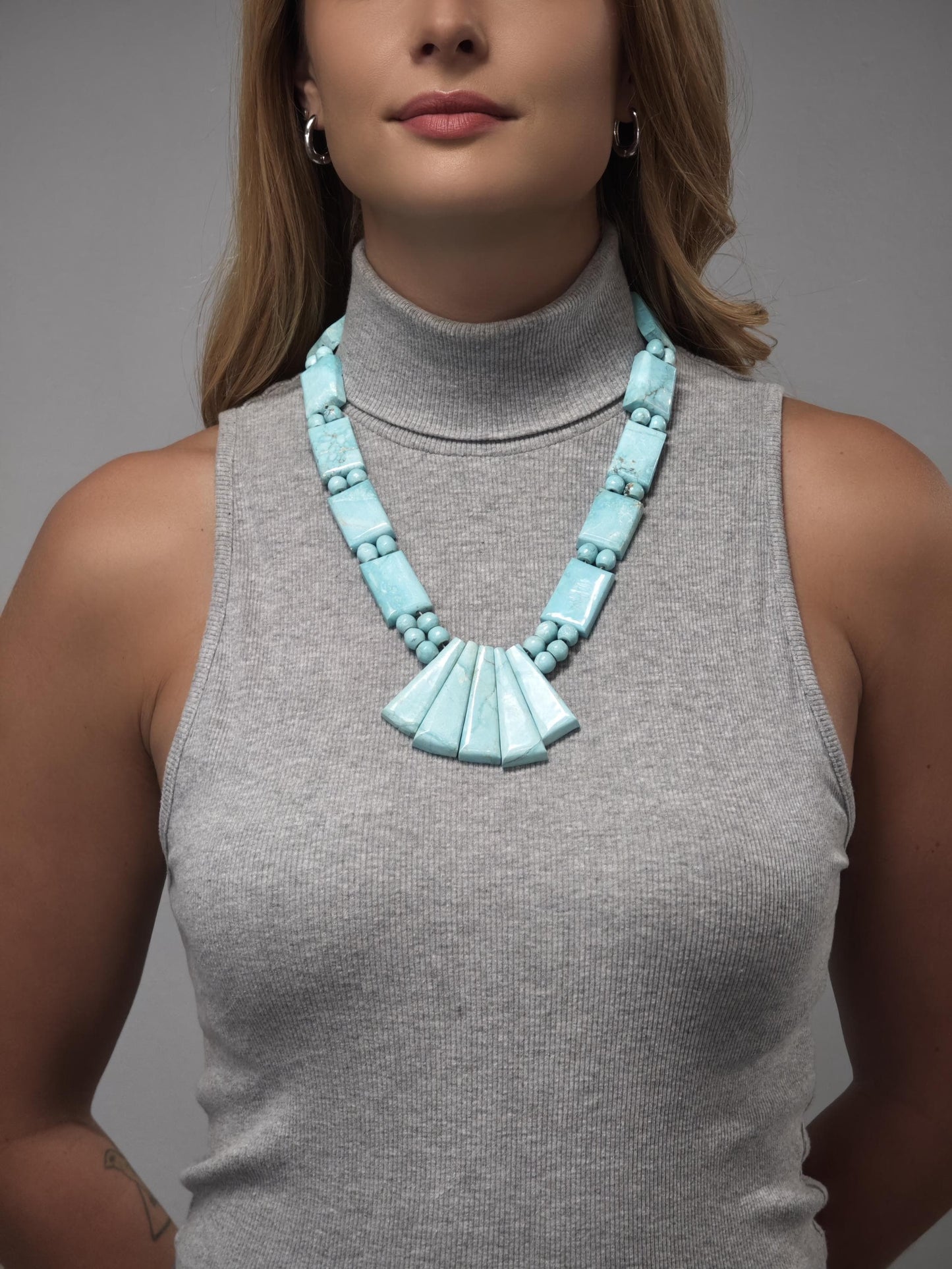 Native Sterling Silver Blue Dry Creek, Turquoise Lg, Beaded Necklace N2238