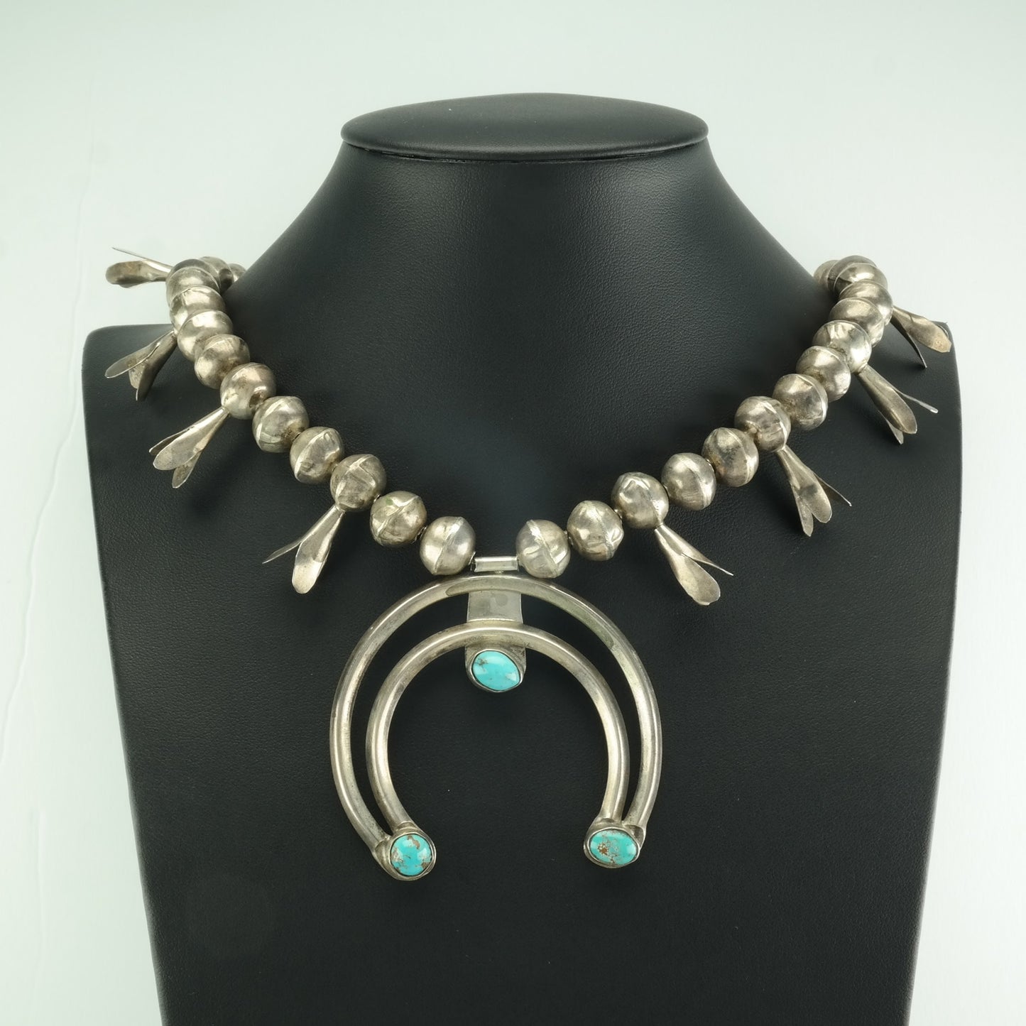 Vintage Native American Sterling Silver Turquoise Squash Blossom Necklace