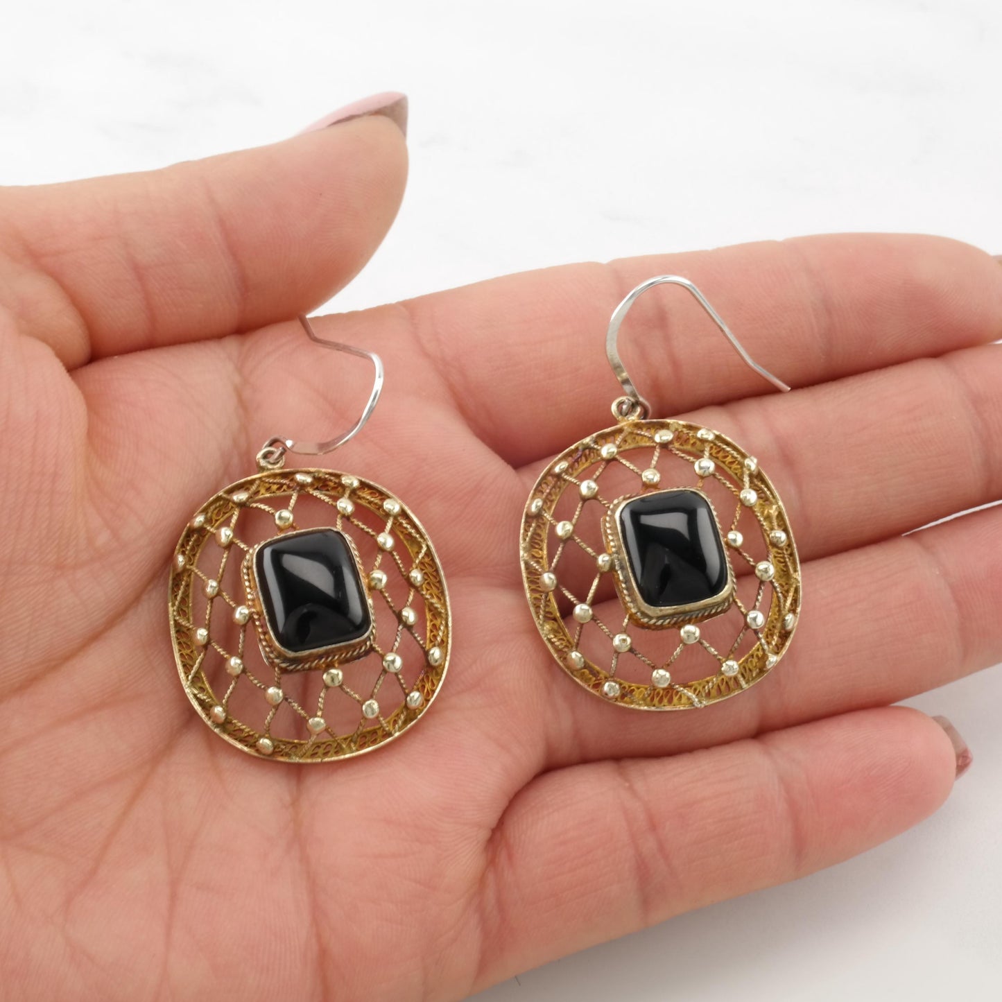 Vintage Black Onyx Gold Plated Net Sterling Silver Fish Hook Earrings