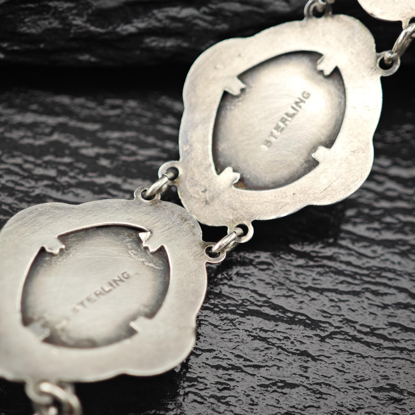 Antique Green Gemstone Cabochons Bracelet Sterling Silver Size 7 1/4"