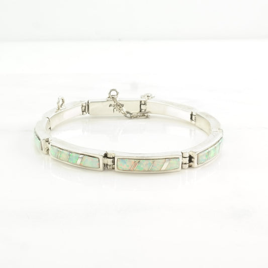 Vintage Native American Sterling Silver Line Bracelet Lab Opal Inlay