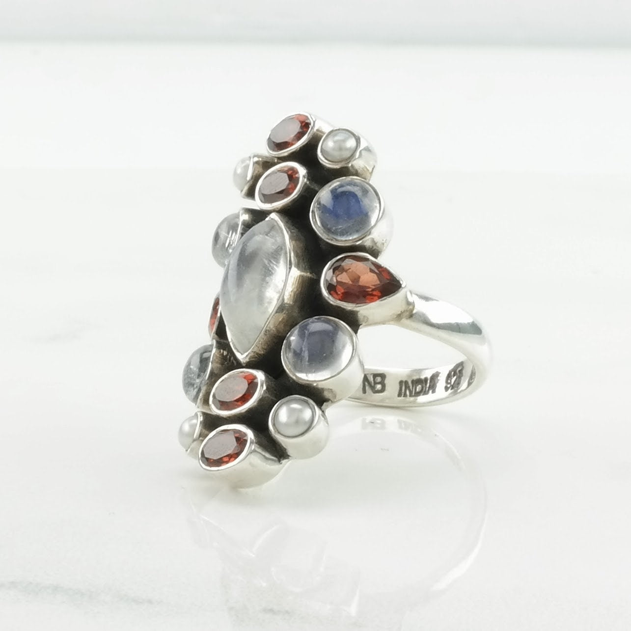 Vintage Nicky Butler Silver Ring Moonstone, Garnet Cluster Sterling Size 7 1/4