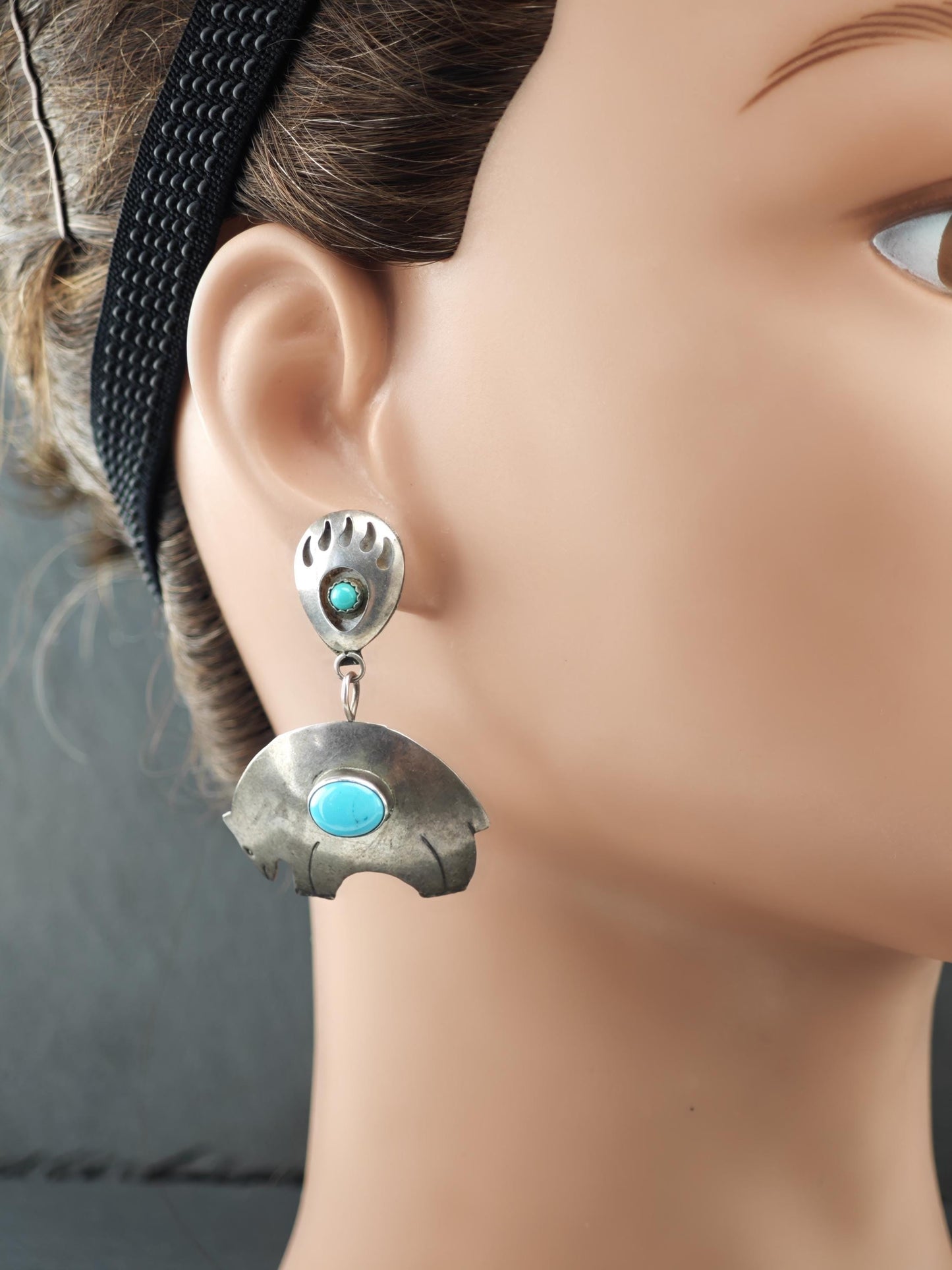 Native American, Turquoise Bear Stud/Dangle Earrings Sterling Silver