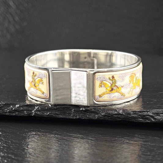 Rare Hermes Equestrian Bangle Bracelet Sterling Silver Porcelain Vintage