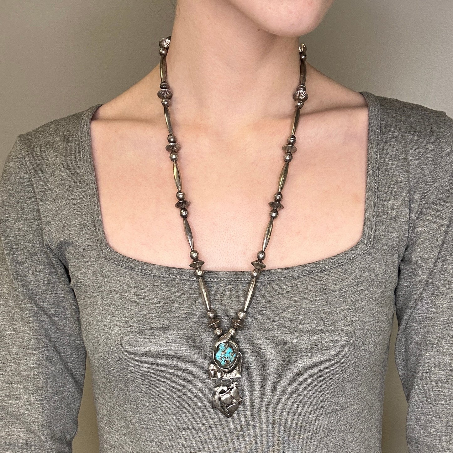 Vintage Native American Sterling Silver Blue Turquoise Brutalist Beaded Necklace