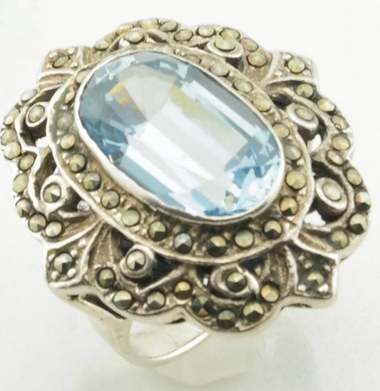 Vintage Art Deco Silver Ring Topaz Marcasite Sterling Blue Size 6.5