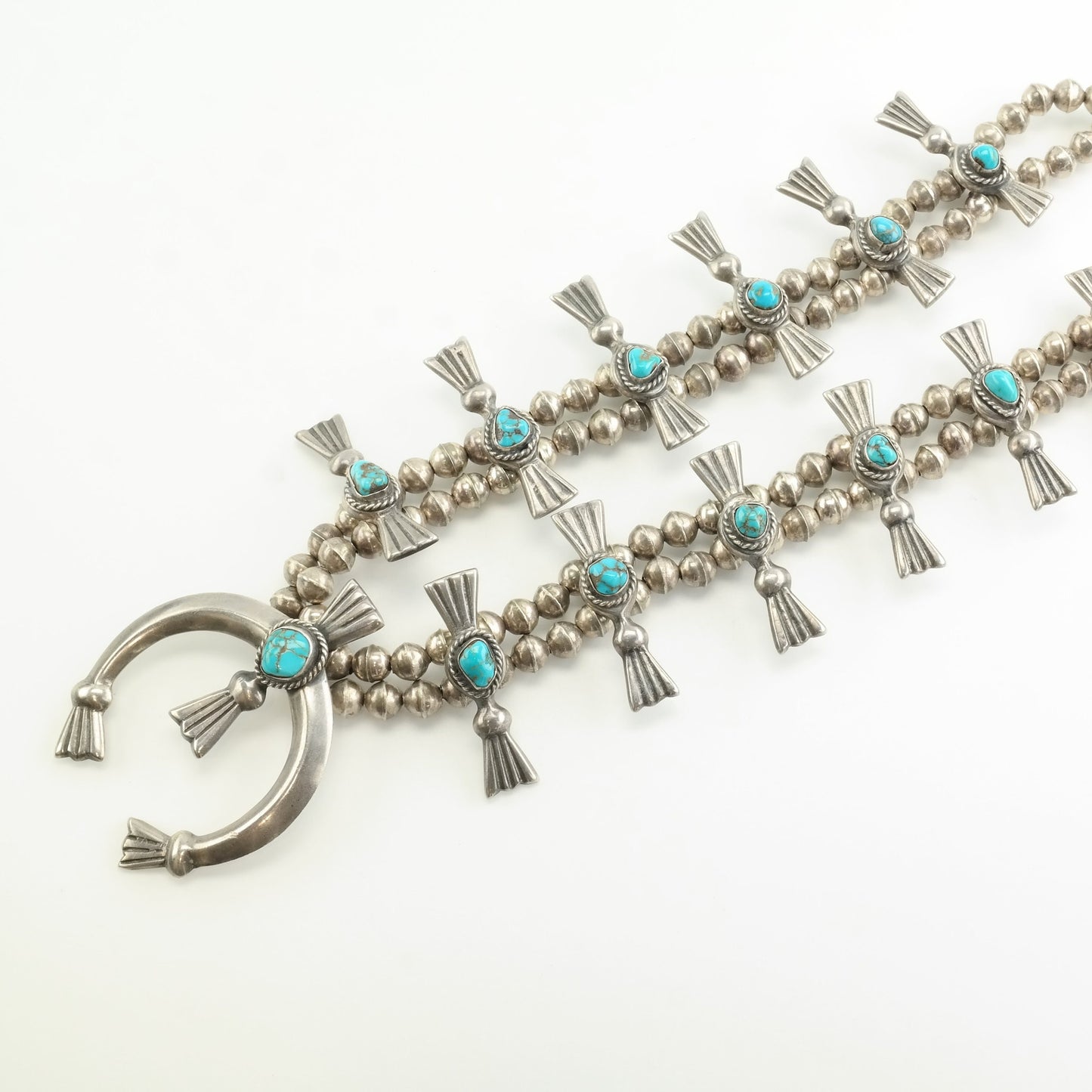 Vintage Native American Sterling Silver Gem Turquoise Squash Blossom Necklace