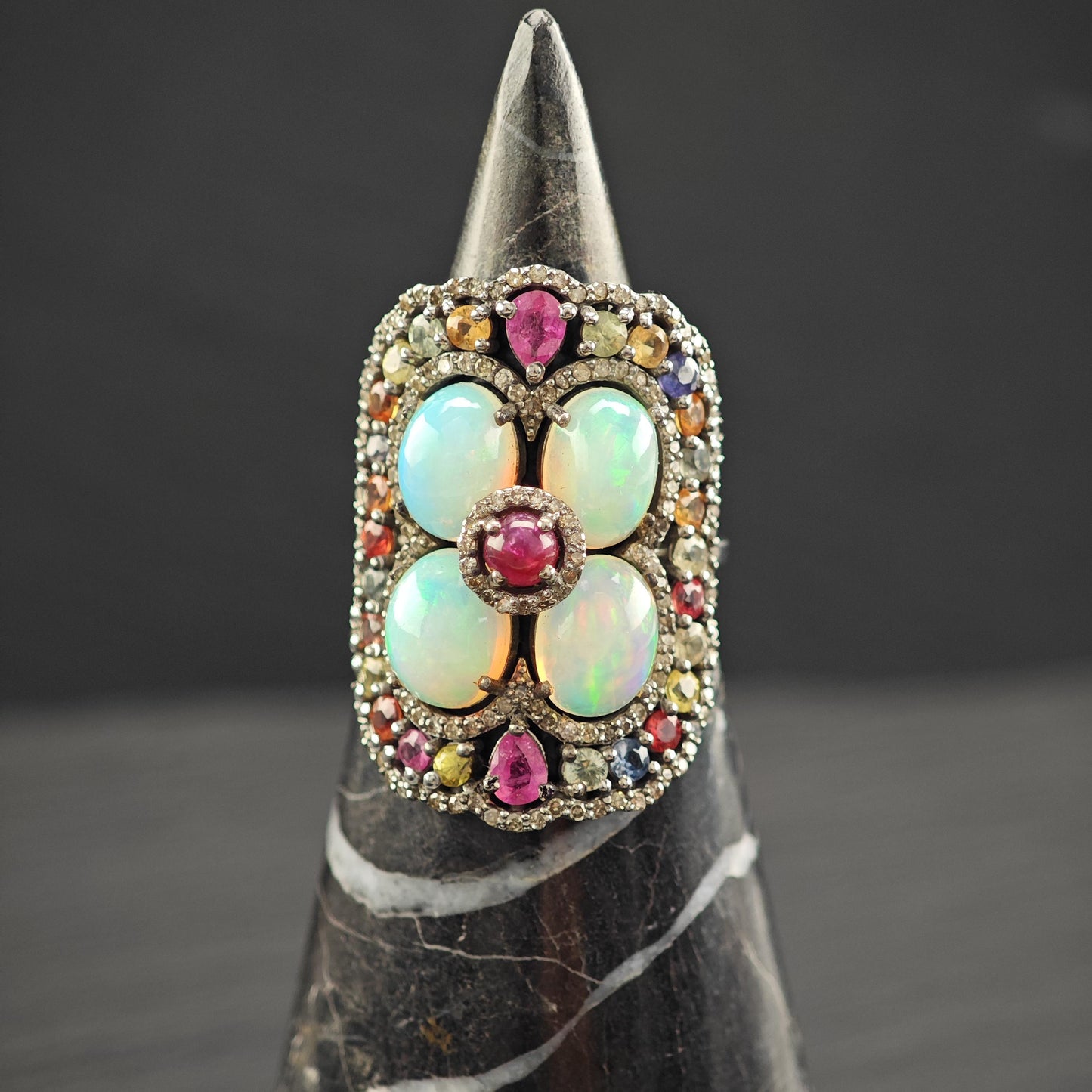 Oxidized Sterling Silver Ring with Ruby, Opal, Diamond, Sapphires