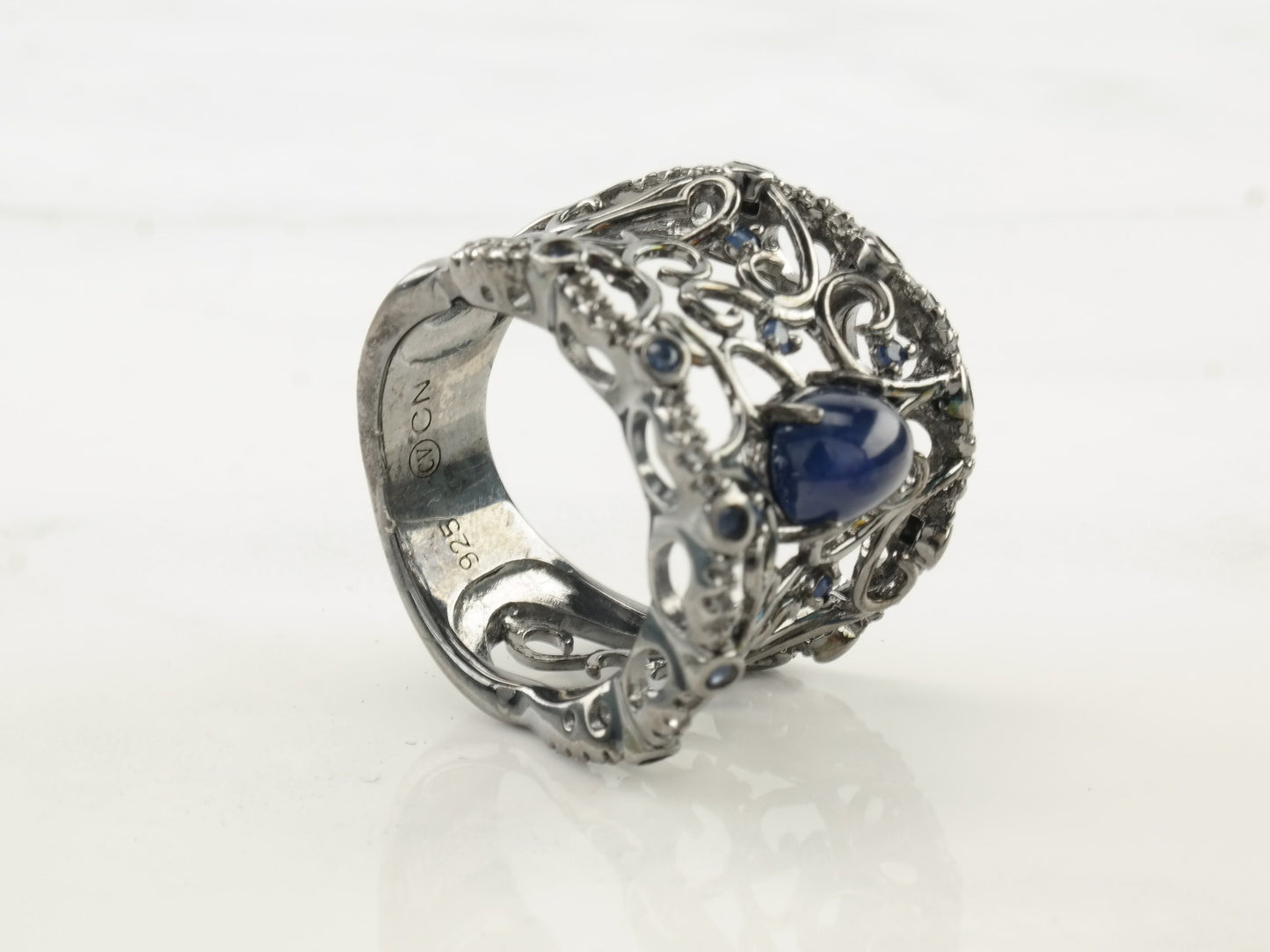 Carlo Viani Silver Ring Sapphire White Topaz Cigar Band Sterling R3531