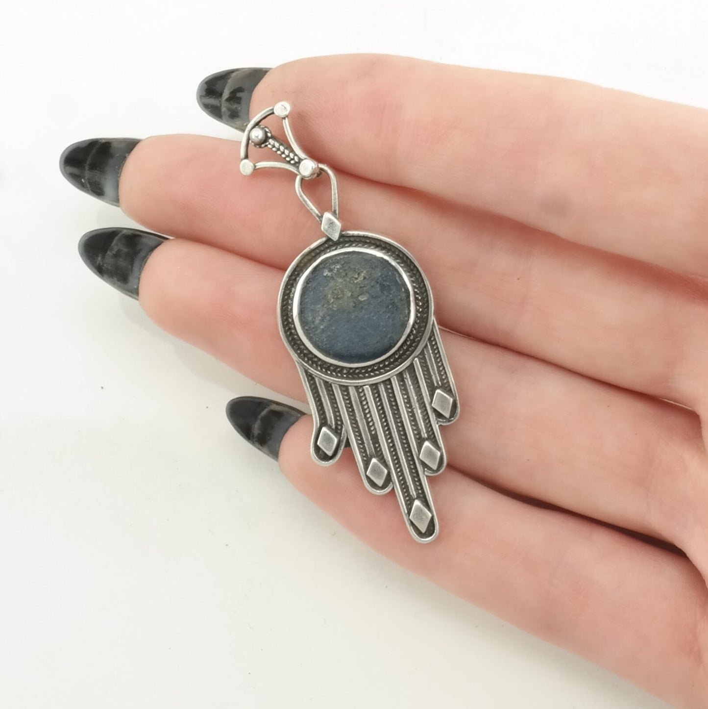 Vintage Sea Glass Hamsa Sterling Silver Pendant