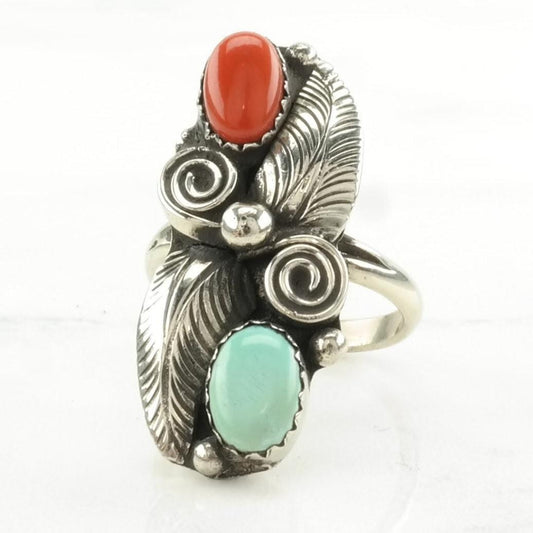 Vintage Native American Silver Ring Turquoise, Coral Leaf Sterling Green, Red Size 5 3/4