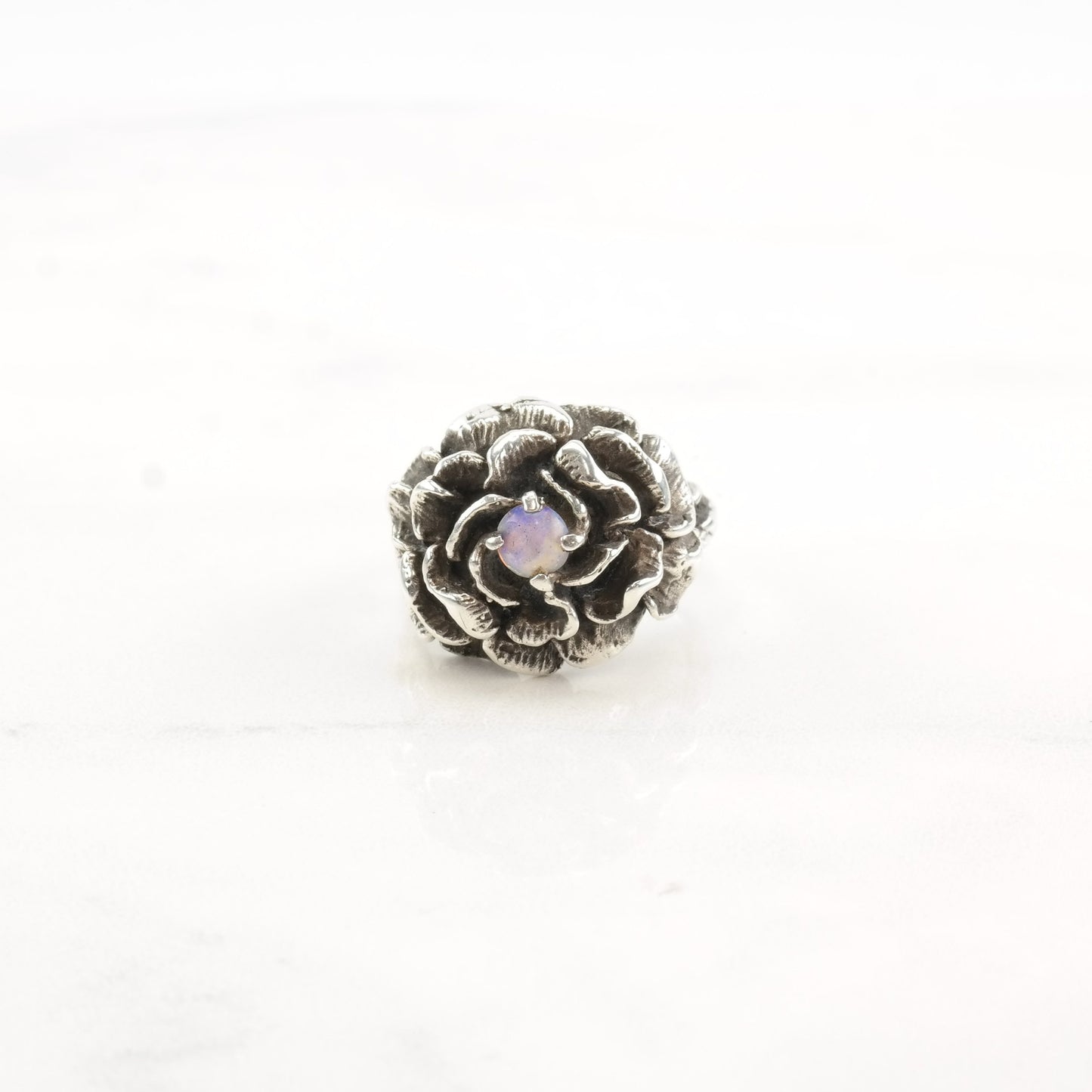 Vintage Brutalist Silver Ring Lab Opal Flower Sterling Size 5