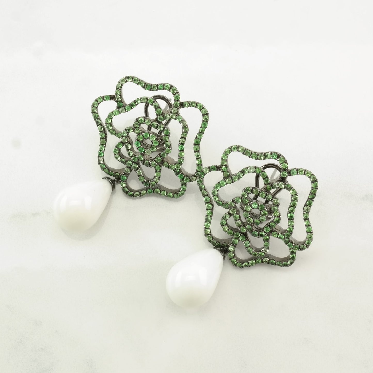 Vintage Sterling Silver Earrings, Green Tsavorite & White Stone Accents, Floral Design, Oxidized Finish