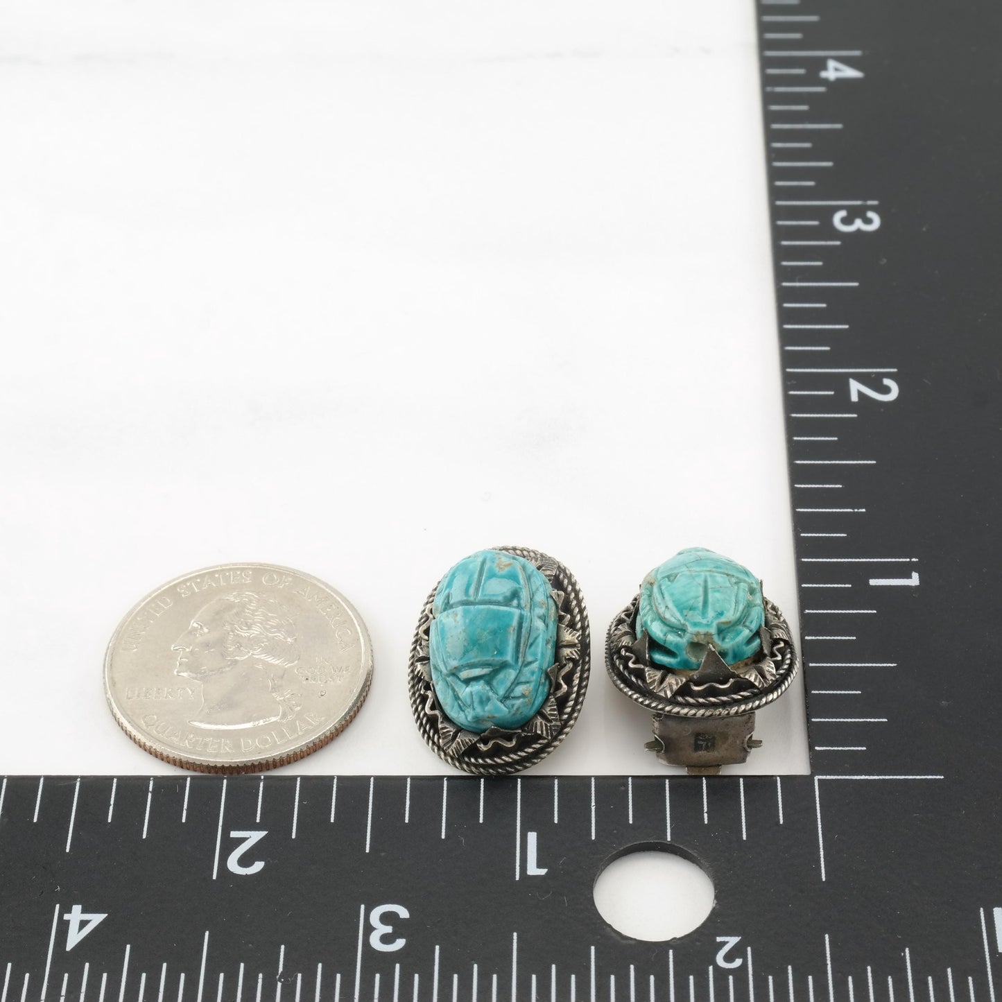 Vintage Egyptian Carved Scarab, Sterling Silver Clip On Earrings