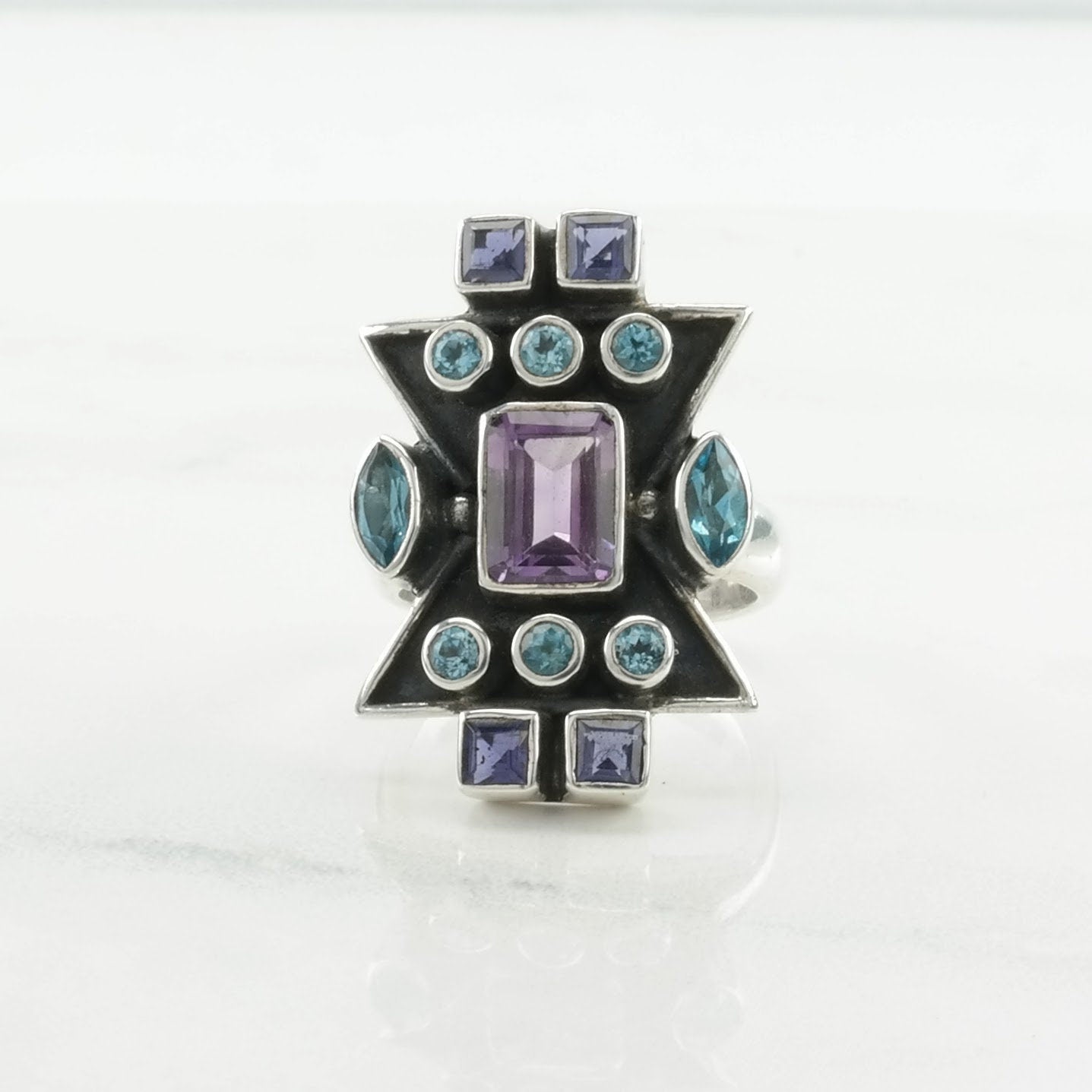 Vintage Nicky Butler Silver Ring Amethyst, Topaz Cluster, Geometric Sterling Blue, Purple Size 7