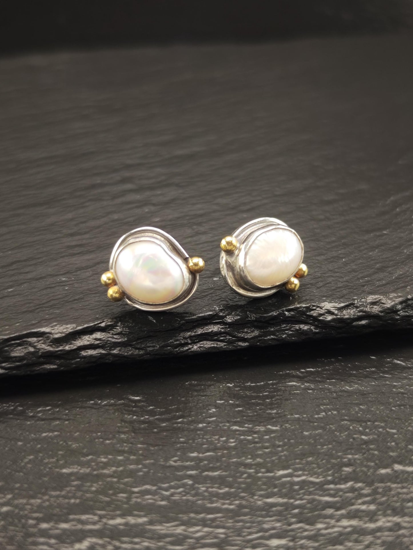 Vintage Sterling Silver Stud Earrings with 22K Gold Pearl Designer Elegance