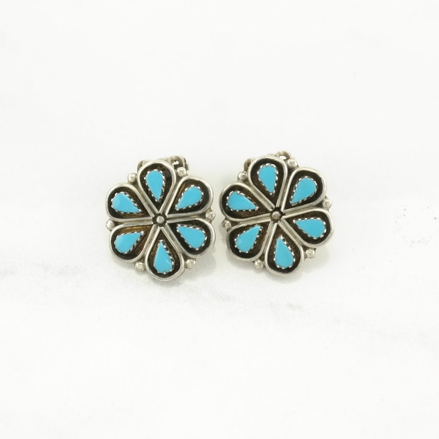 Vintage Sterling Silver Clip on Earrings Native American Blue Turquoise Needle Point, Floral