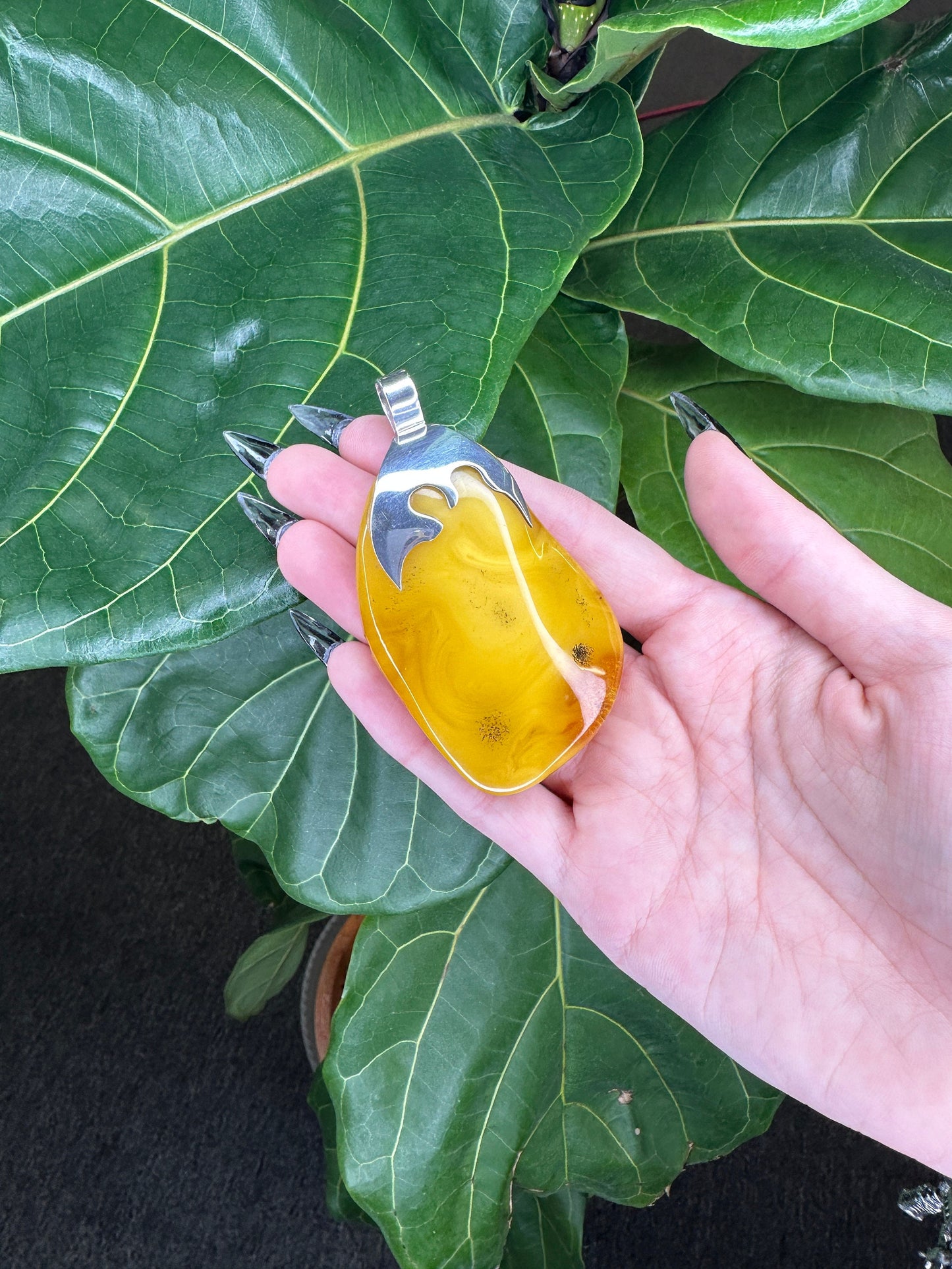 Vintage Boho Butterscotch Amber Floating Sterling Silver Pendant