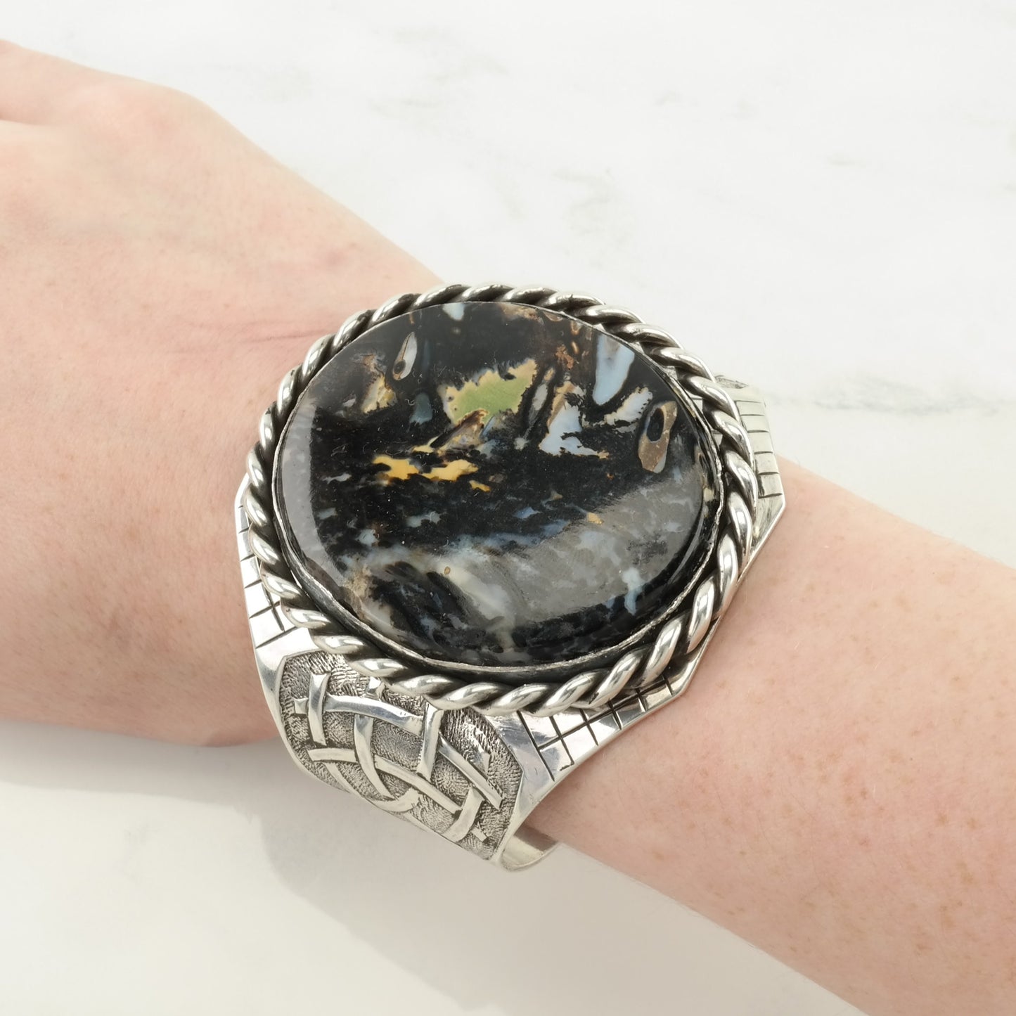 Vintage Studio Sterling Silver Cuff Bracelet Black Odd Natural Gemstone Large