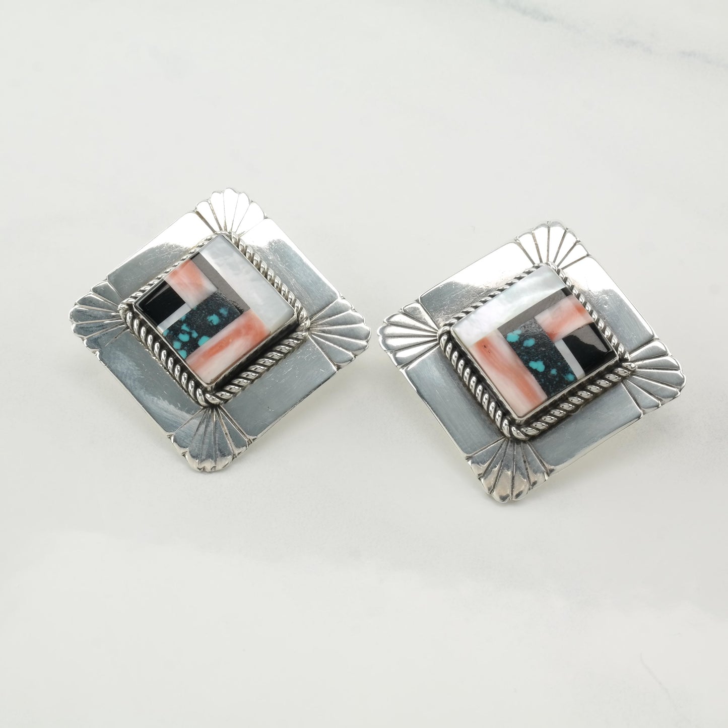 Vintage Inlay Sterling Silver Stud Earrings