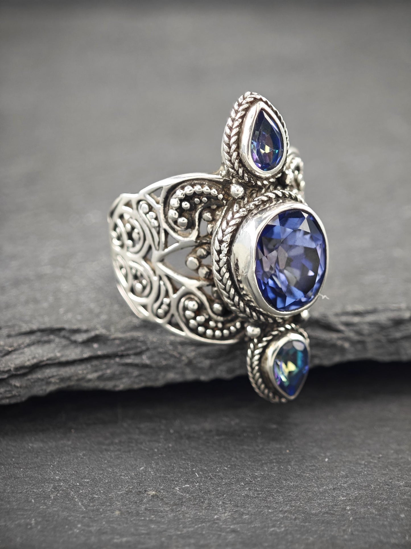 Sarda Mystic Topaz Doublet, Filigree Ring Sterling Silver