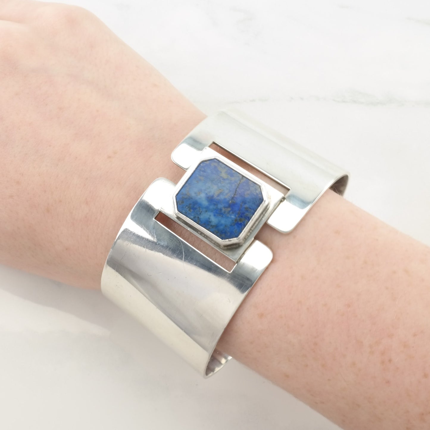 Vintage Sweden Sterling Silver Bangle Bracelet Blue Lapis Lazuli Wide, Modernist