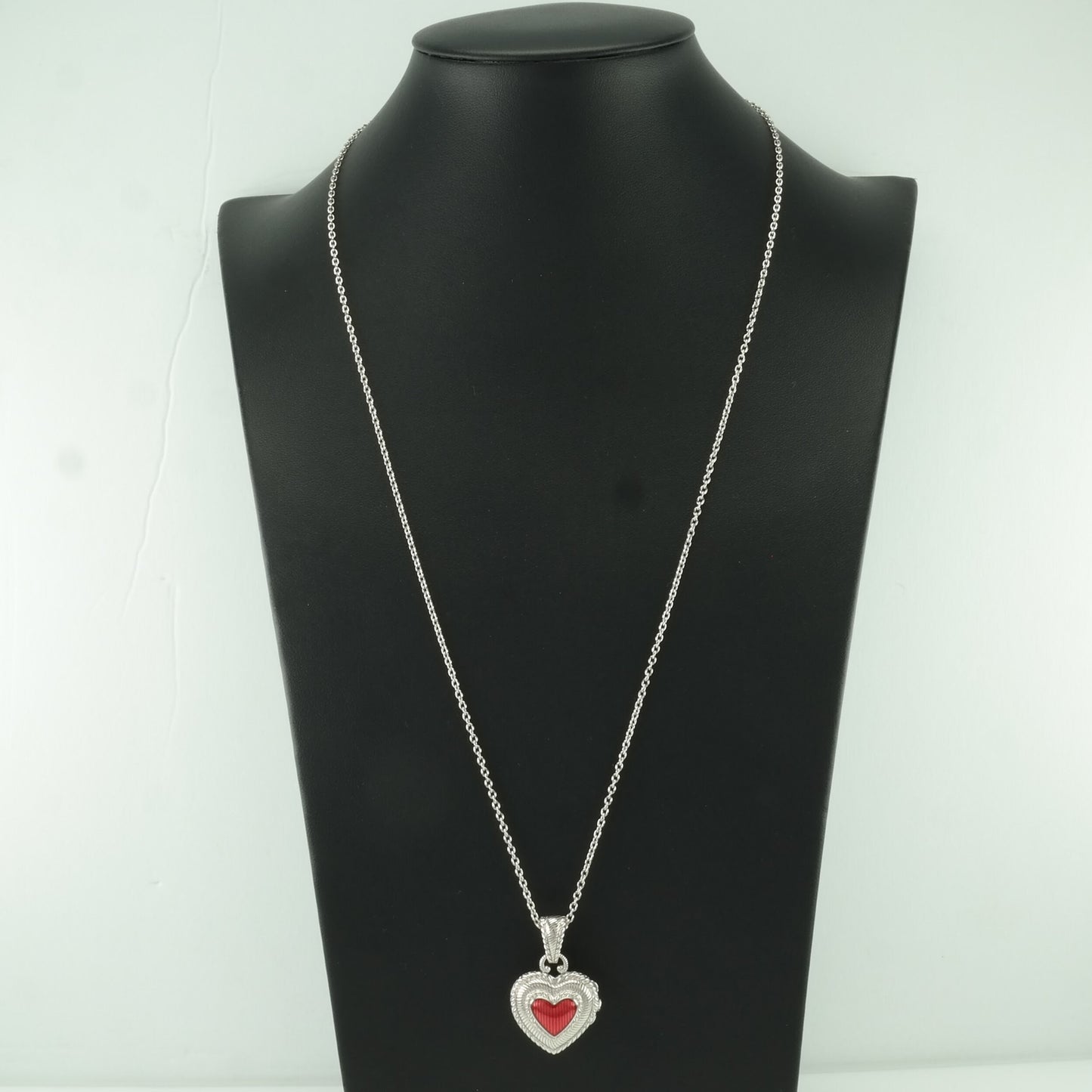 Vintage Judith Ripka Sterling Silver Red Enamel Heart Locket Necklace