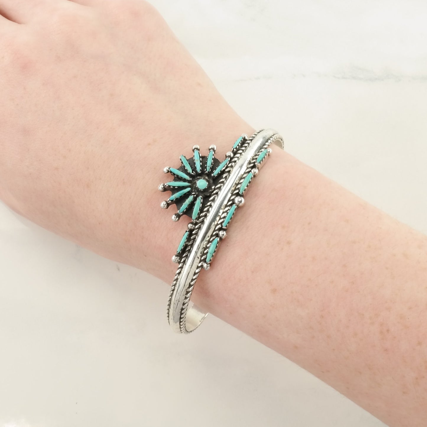 Southwest Sterling Silver Cuff Bracelet Blue Turquoise Needlepoint, Floral