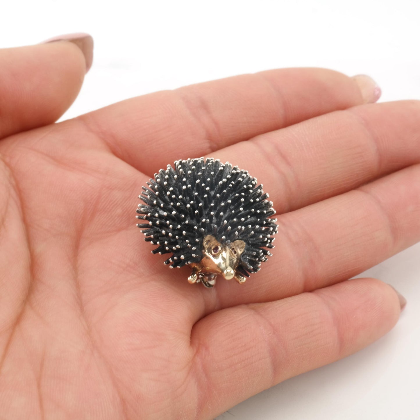 WE, Signed 14k Gold Accent Sterling Silver Ruby Hedgehog Brooch