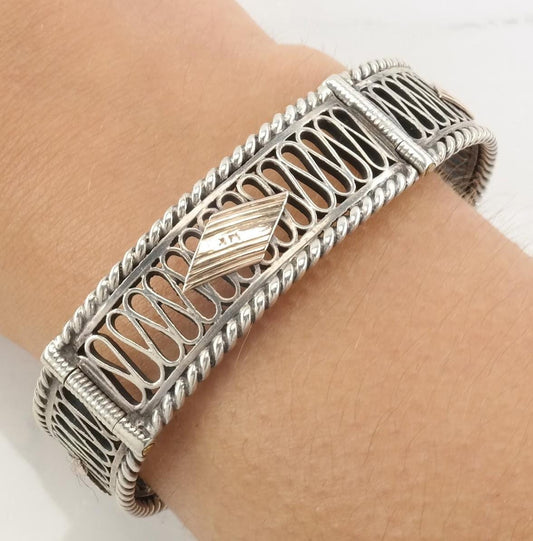 Sterling Silver Panel Bracelet 14K Gold Accent Filigree 6 3/4"