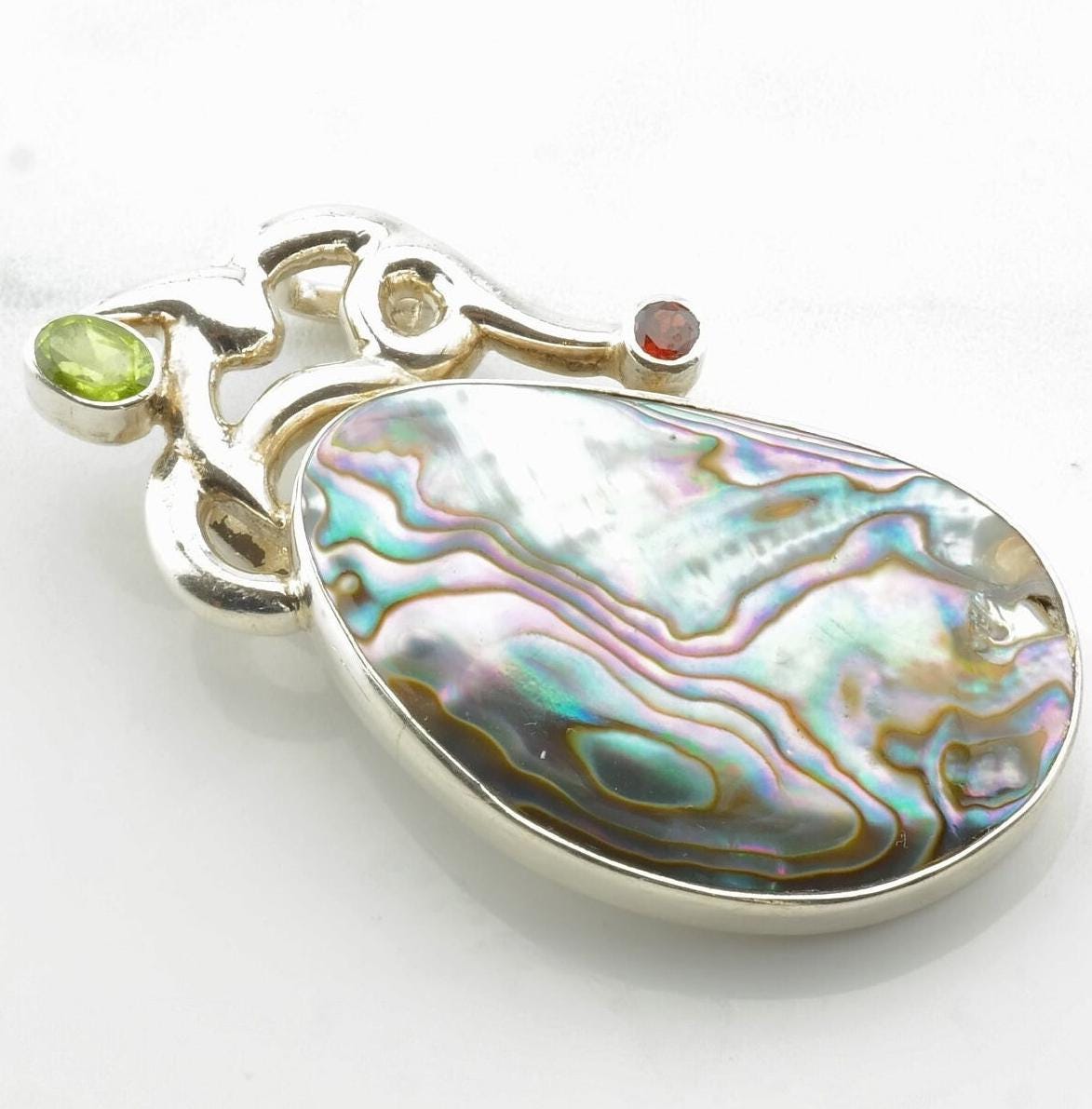 Vintage Abalone Garnet Peridot Sterling Silver Pendant